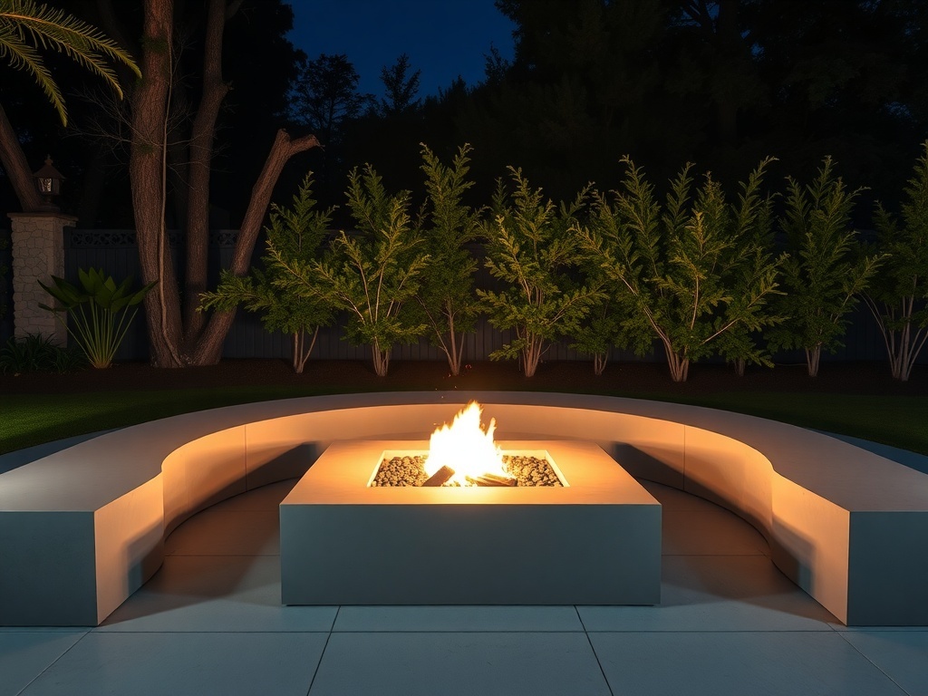 A minimalist fire pit with concrete seating surrounded by greenery, showcasing a cozy backyard setting.