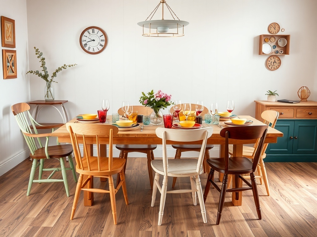 A dining room with a wooden table surrounded by mismatched chairs in various colors.