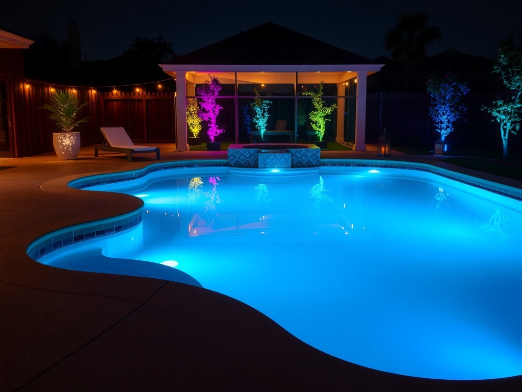 A beautifully illuminated backyard pool at night with colorful lights and a serene atmosphere.