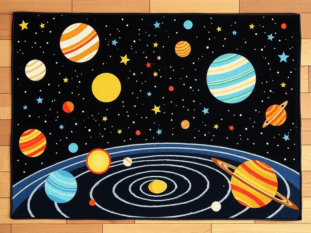 A colorful rug featuring planets and stars in a solar system design.