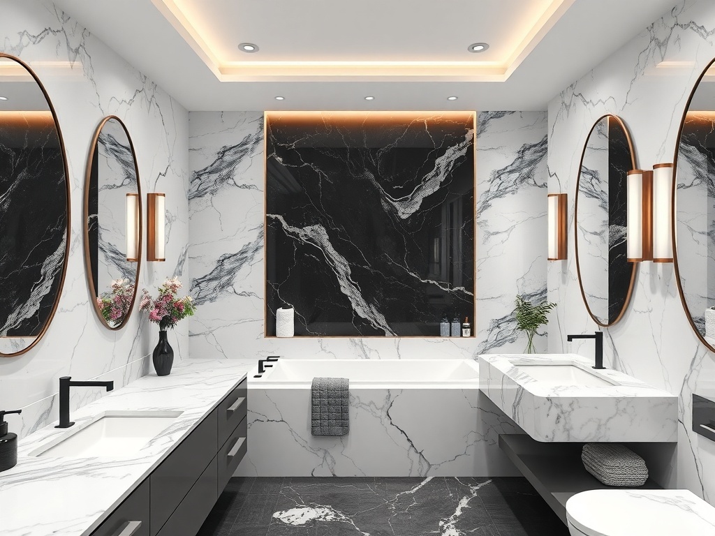 Modern bathroom with luxurious marble finishes in black and white