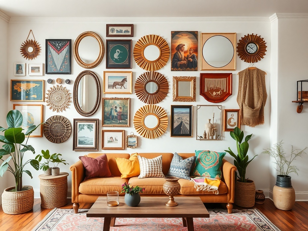 A cozy living room featuring an eclectic gallery wall with various art pieces, mirrors, and plants.