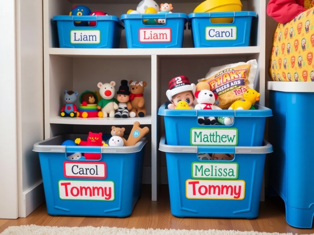 Colorful labeled storage bins for kids' toys in a playful room setting.