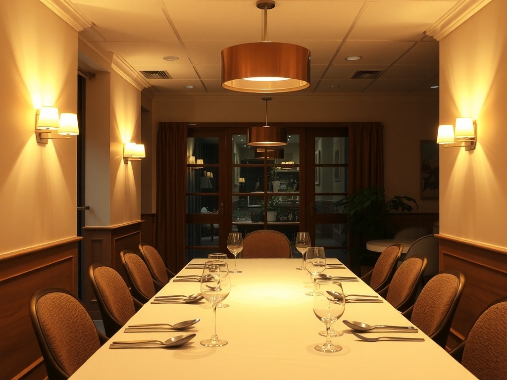 A dining room with soft ambient wall sconces and a central light fixture, creating a cozy atmosphere.