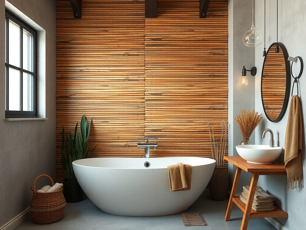 Rustic bathroom with bamboo accent wall, freestanding tub, and natural decor