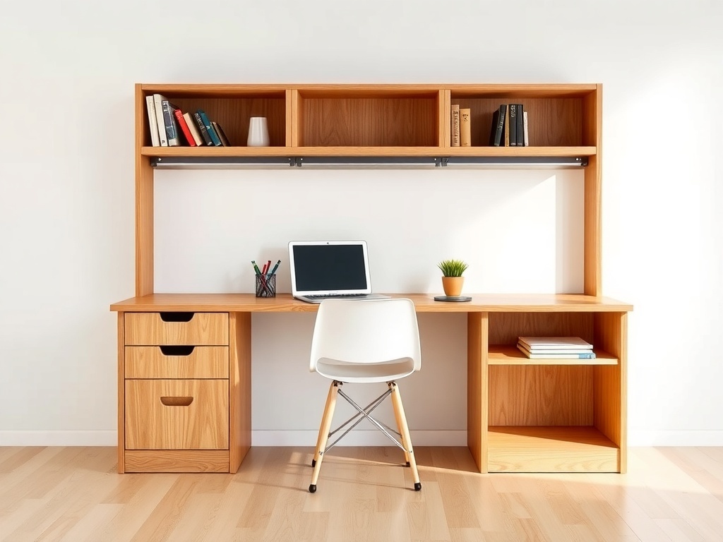 A compact wooden desk with shelves, a laptop, and storage drawers.