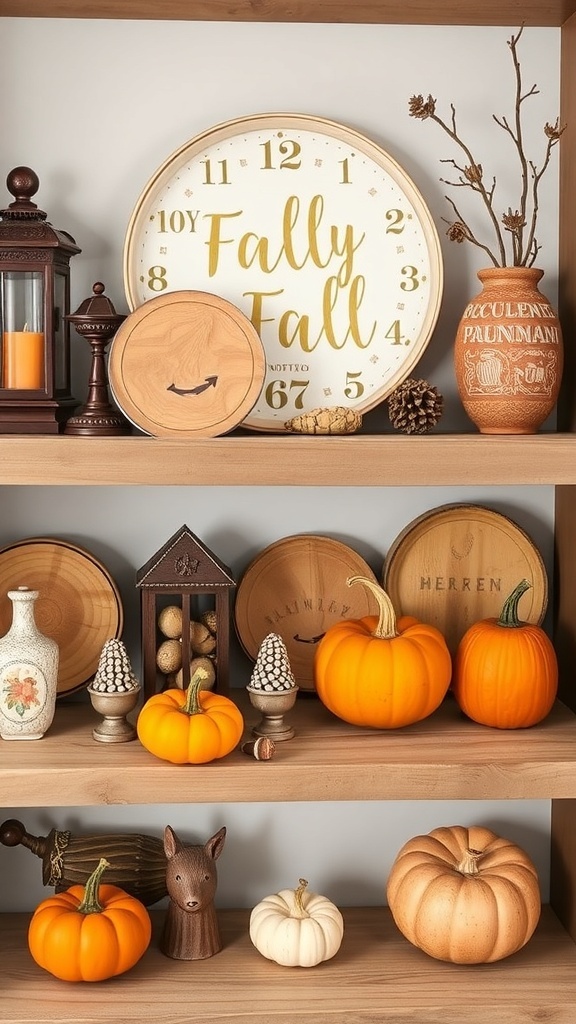 Rustic wooden shelves decorated with pumpkins, pinecones, and a sign that says 'fall'