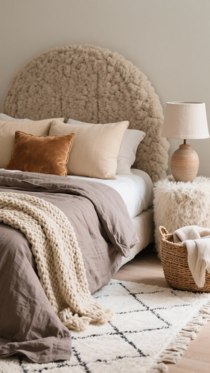 Detail closeup, Hygge Neutrals Cocoon: A tactile vignette of bedding textures—taupe linen duvet with a chunky oatmeal knit throw pooled at the foot, oversized euro pillows in warm beige, and a small cinnamon suede lumbar pillow. In the blurred background, a rounded boucle headboard and drum-shaped nightstand topped with a ceramic lamp with linen shade. Shaggy Moroccan-style ivory rug with subtle diamond peeking at the edge; woven basket with extra throws nearby. Palette: taupe, oatmeal, cream, cinnamon. Soft, diffused light, photorealistic.