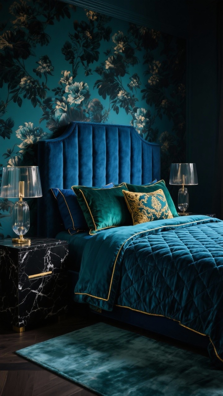 Medium dramatic focus, Jewel-Tone Velvet Suite: Luxurious bed with a deep teal velvet duvet, quilted coverlet in midnight blue, emerald and sapphire velvet shams with contrast piping, and a gold-embroidered accent pillow. Channel-tufted headboard in ink blue. Smoked glass lamps atop black marble nightstands. Dark floral wallpaper on the headboard wall. Hand-tufted rug with a subtle sheen underfoot. Palette: teal, midnight, emerald, gold accents. Low, moody lighting, photorealistic glamour.