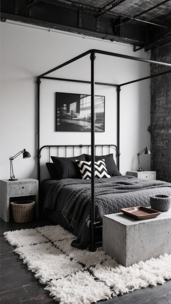 Medium shot, Monochrome Loft Warm-Up: Industrial-modern bedroom with a black metal canopy bed layered with a graphite duvet and slate matelassé coverlet, black linen shams, charcoal wool throws, and a single black-and-cream chevron patterned pillow. Concrete-top nightstands and industrial swing-arm lamps. Thick ivory flokati rug softens the space. Oversized black-and-white photography on the wall; leather catchall trays and a felt storage basket on the nightstand. Palette: charcoal, slate, black, ivory. Moody, urban, photorealistic.