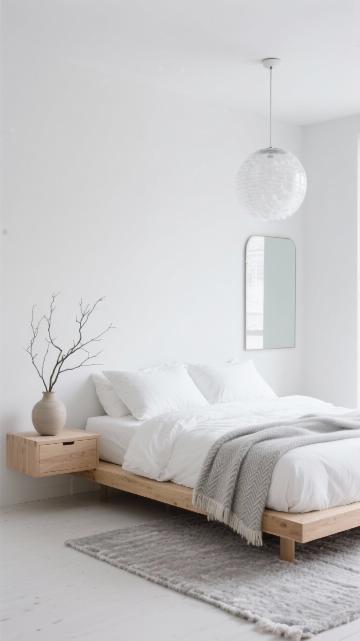 Medium, straight-on minimalist scene, Nordic Snowdrift Minimal: A blonde oak platform bed with a bright white percale down duvet, winter ivory linen shams, and a pale gray wool-cashmere blanket with subtle herringbone folded at the end. Floating nightstand in light wood holds a single ceramic vase with bare branches; a frameless mirror reflects soft daylight. Flatweave wool rug in dove gray on light floors. Frosted glass globe pendant above for a snowball effect. Palette of white, soft gray, blonde wood. Calm, crisp, clutter-free, photorealistic.