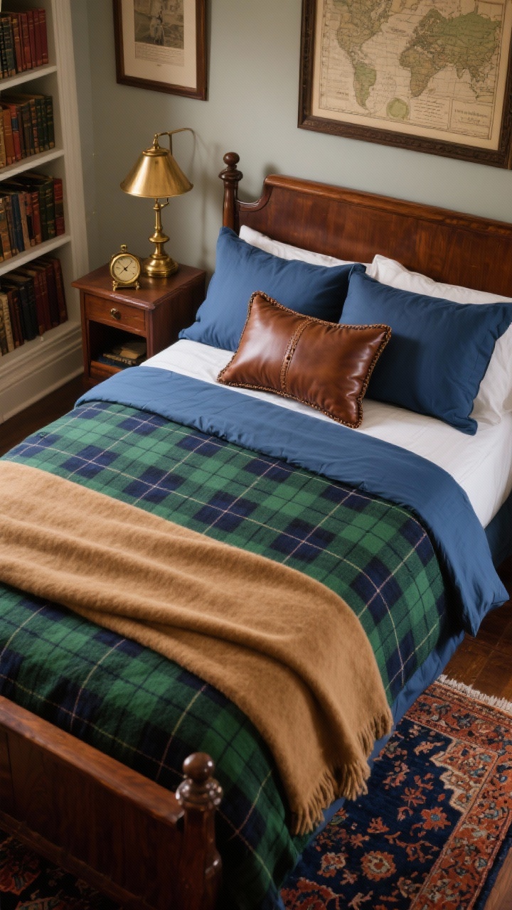 Overhead detail shot, Heritage Plaid & Library Nook: Bedscape featuring a hunter-green and navy plaid duvet with a camel wool blanket folded at the foot, oxford blue sheets crisply tucked, herringbone shams, and a leather-trimmed lumbar pillow centered. At the bedside, a mahogany sleigh bed rail and a mini bookcase nightstand topped with an antique brass banker lamp, a small brass clock, and framed vintage maps partially visible. Persian-style rug in navy and rust peeking around the bed. Warm library ambiance, photorealistic.