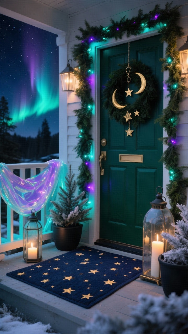 Photorealistic cinematic wide shot of “Midnight Aurora North Pole” porch at dusk: navy outdoor rug flecked with gold “stars” beneath a deep green doormat; mixed evergreen garland around the door threaded with gradient LEDs shifting teal to violet to ice blue; smoky glass lanterns with flameless candles casting a soft glow; matte black planters with frosted pines; celestial wreath of dark greenery, brass moons, and star charms; sheer iridescent fabric draped along railings, catching the color-shifting lights to mimic aurora. Palette: navy, deep green, teal, violet, brass. Dreamy, slow-fade lighting.