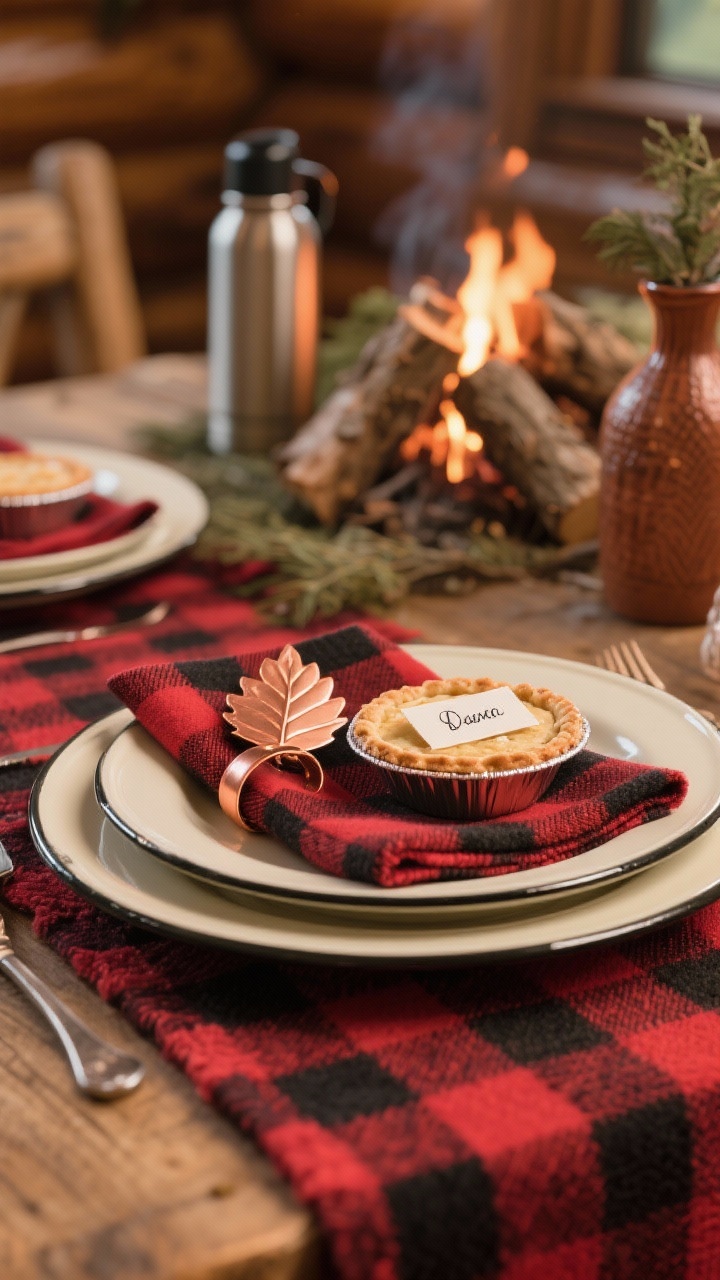 Photorealistic closeup detail of Cozy Cabin Plaid & Pie place settings: red-and-black buffalo check runner beneath stacked enamelware plates; gingham napkin tucked into copper leaf-shaped napkin ring; mini pie tin used as a place card with a name on the crust via edible marker; blurred background hinting at thermos-style vases and faux campfire logs centerpiece; warm cabin mood with soft, cozy lighting; colors red, black, cream, copper; textures of flannel and enamelware visible.