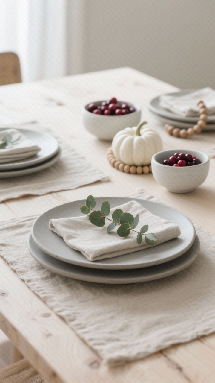Photorealistic closeup detail of Minimalist Scandinavian Calm place setting: pale birch table with oatmeal linen runner; stacked matte stoneware plates in soft gray; a sprig of eucalyptus resting on a neatly folded napkin; in the softly blurred background, a trio of low white ceramic bowls filled with cranberries, tiny white pumpkins, and wooden beads; colors oatmeal, dove gray, white, sage; serene, minimalist composition with gentle natural daylight.