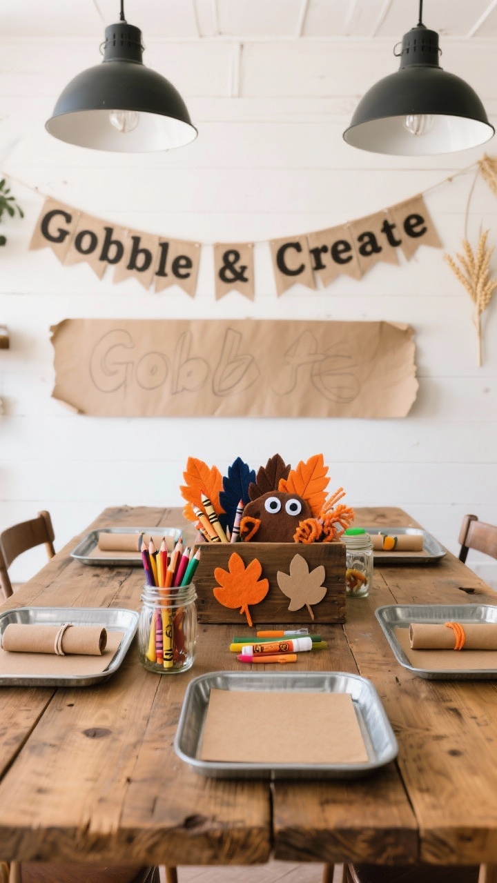 Photorealistic medium shot of a Farmhouse Craft Studio setup: raw wood table with galvanized trays as chargers; kraft placemats at each seat with a pencil roll and a mini mason jar filled with crayons and glue sticks; a low wooden caddy centerpiece stuffed with felt leaves, googly eyes, pipe cleaners, and pre-cut turkey shapes; a simple “Gobble & Create” banner in block letters hanging in the background; tear-off kraft paper runner ready for drawing; colors wheat, charcoal, navy, pumpkin orange; practical, crafty vibe with bright, functional lighting.