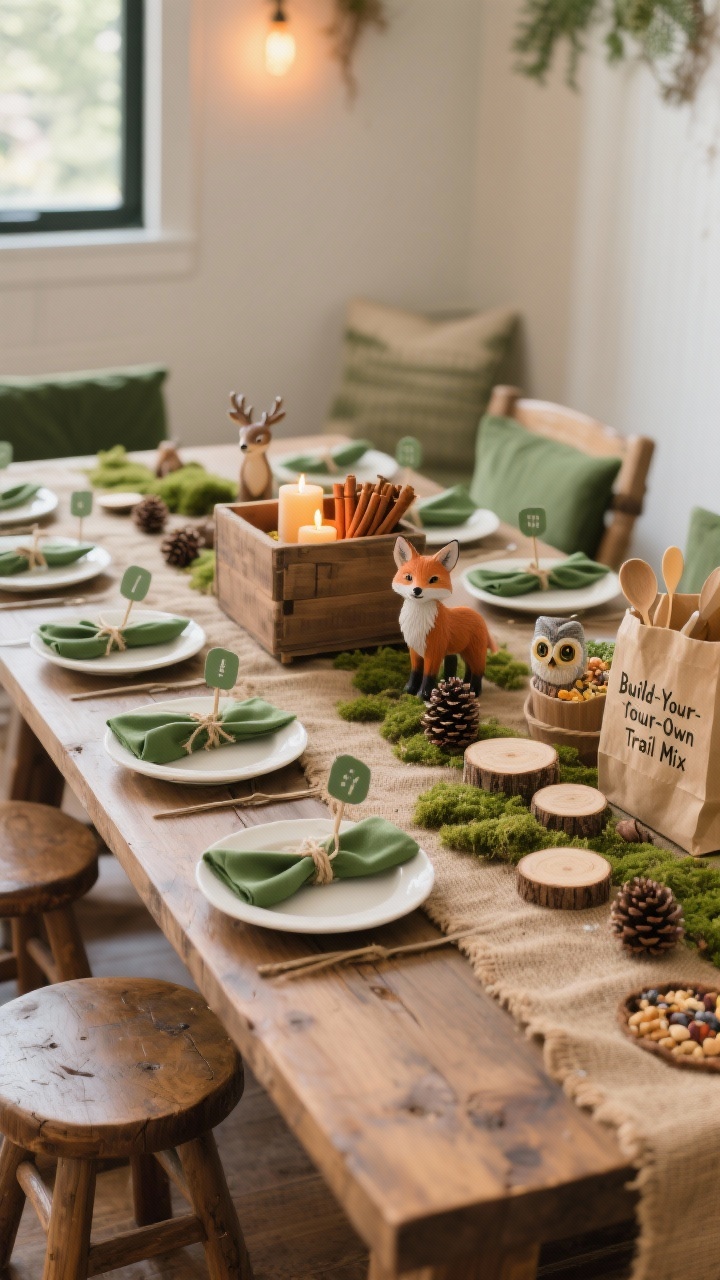 Photorealistic medium shot of a kids’ Rustic Woodland Adventure table: a long, low wooden table with child-height stools, burlap runner, scattered faux moss, pinecones, and mini wood slices like stepping stones; simple cream plates with forest-green napkins tied in twine; tiny animal figurines (fox, owl, deer) used as place markers; a wooden crate centerpiece with battery candles and a bundle of cinnamon sticks emitting warm amber glow; include a small “Build-Your-Own Trail Mix” station with scoops and kraft paper bags at one end; color palette forest green, brown, cream, soft amber; cozy indoor lighting.