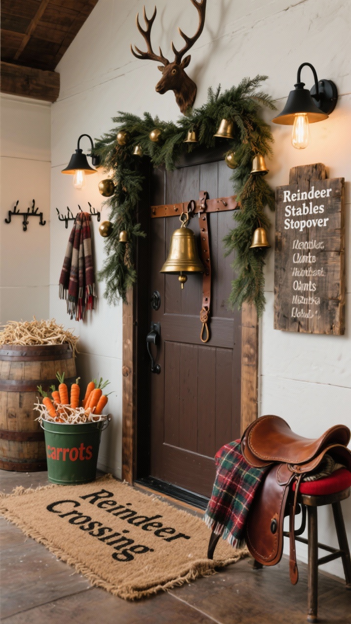 Photorealistic medium shot of a rustic “Reindeer Stables Stopover” entry: jute runner with a layered “Reindeer Crossing” mat; cedar garland around the door dotted with bronze bells and leather straps; half-barrel filled with “oats” (shredded paper fill) and a bucket labeled “carrots” holding faux orange picks; weathered wooden sign listing reindeer names; antler hooks mounted with hanging scarves; black metal stable-style sconces lit warmly; plaid saddle blanket draped over a stool; oversized sleigh bell on the door. Palette: espresso brown, forest green, oxblood red, brass. Textures: leather, wood grain, burlap, evergreen.