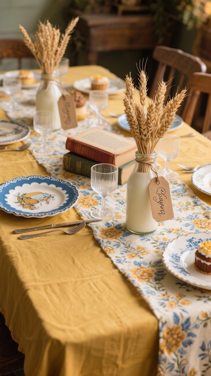Photorealistic medium shot of a Vintage Storybook Harvest tablescape: soft mustard tablecloth with a floral chintz runner layered on top; mix-and-match dessert plates with scalloped edges and retro illustrations; vintage milk bottles holding bundles of dried wheat for height; old book pages tucked under clear chargers; tea-stained tags with names in curly script at each place; colors mustard, cornflower blue, cream, russet; nostalgic, storybook ambiance with warm, diffused lighting.