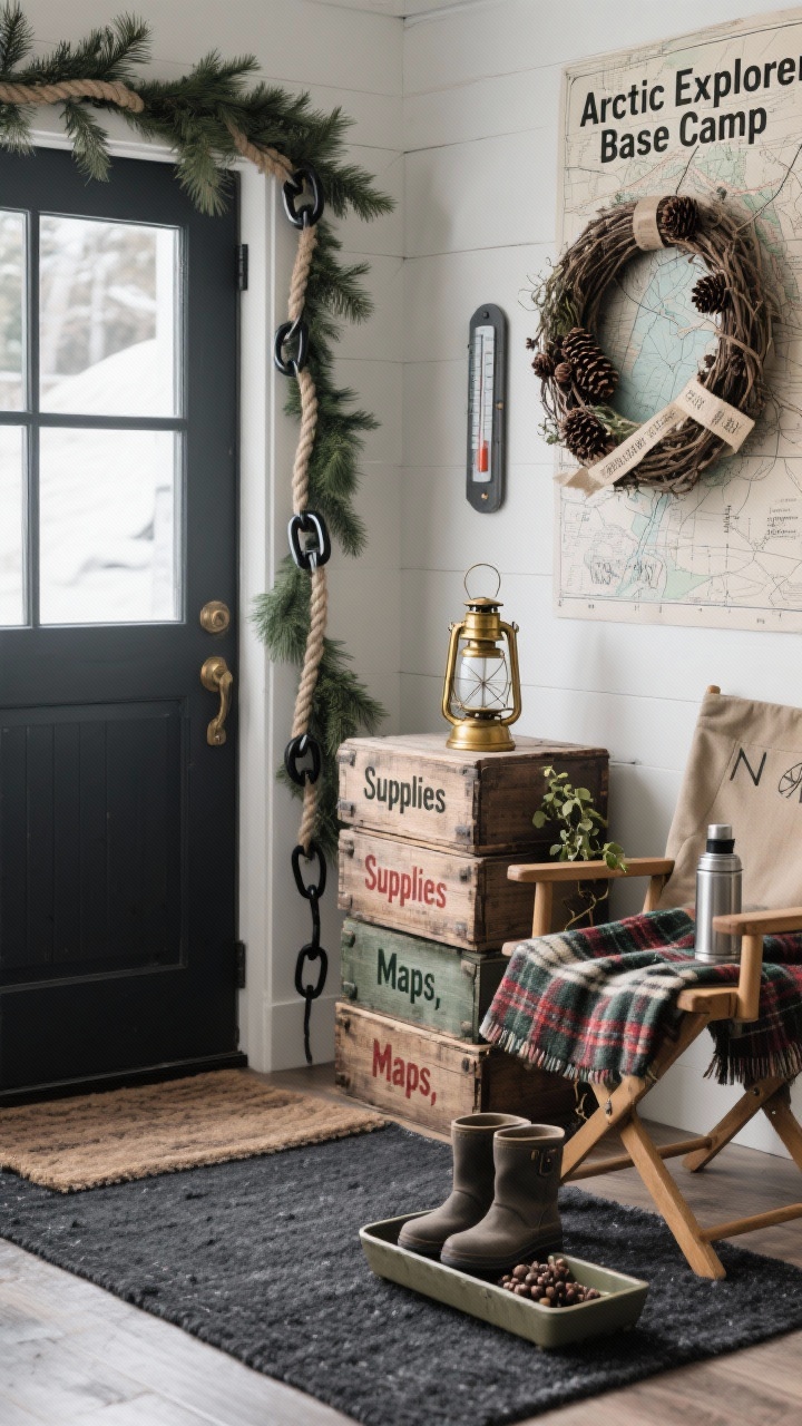 Photorealistic medium shot of “Arctic Explorer Base Camp” entry: charcoal outdoor rug and practical boot tray by the door; pine garland threaded with rope and matte black carabiners framing the doorway; stack of vintage wooden crates labeled “Supplies” and “Maps,” topped with a lantern and a brass compass; canvas director’s chair with a plaid throw and a metal thermos; grapevine wreath layered with pinecones, a topographic map ribbon, and a small metal North Pole sign; vintage-style thermometer mounted by the door. Palette: charcoal, evergreen, muted red, aged brass. Rugged, expedition vibe with soft, cool daylight.