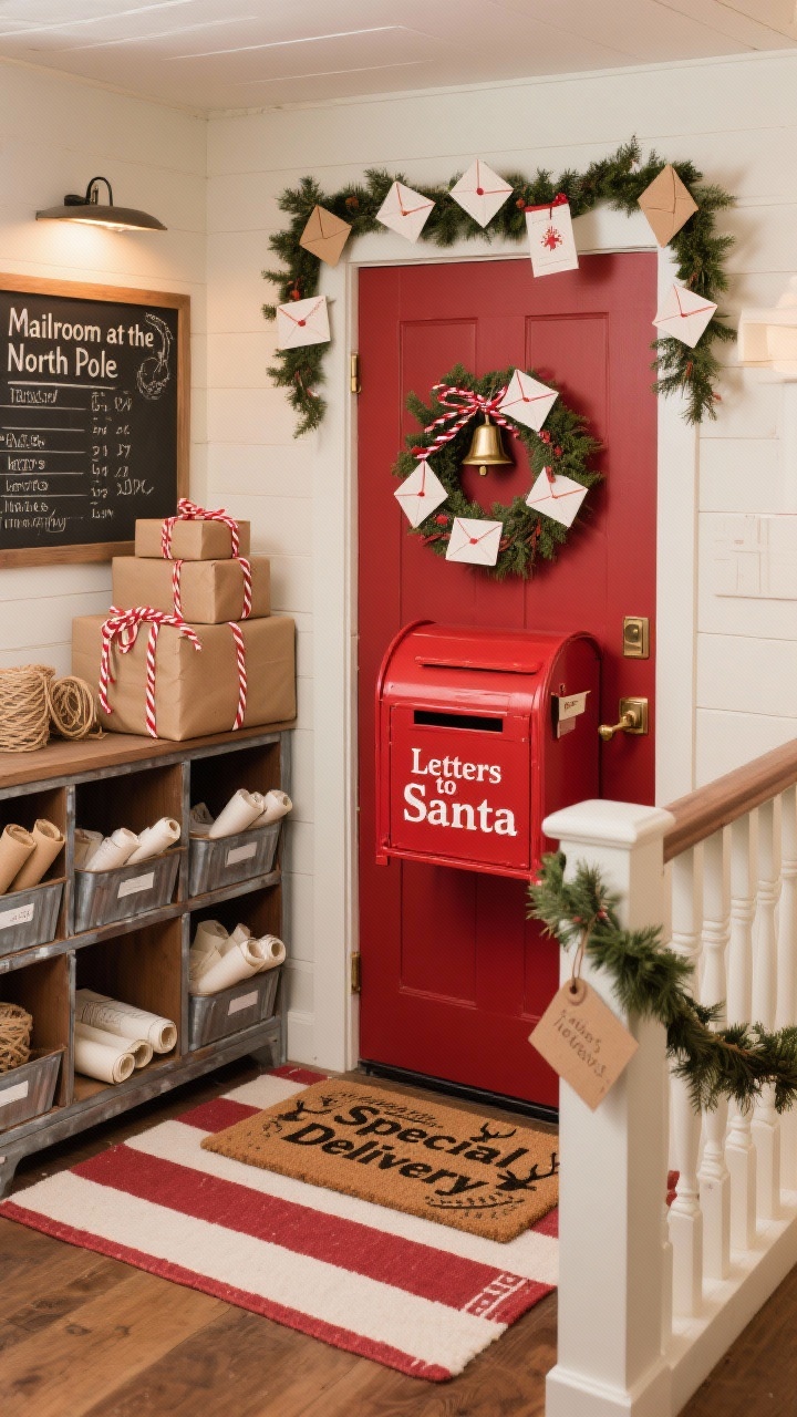 Photorealistic medium shot of “Mailroom at the North Pole”: vintage red mailbox labeled “Letters to Santa” as focal point with a small bell clipped for a jingle; striped runner under a “Special Delivery” mat stamped with reindeer postmarks; sorting station cubbies holding rolled “letters,” twine, and kraft tags; chalkboard schedule for pickup times; stack of faux parcels tied with red-and-white baker’s twine; wreath of tiny envelopes on the door; mini letter garlands along the railing. Palette: postal red, kraft brown, cream, evergreen. Paper and galvanized textures, warm ambient lighting.