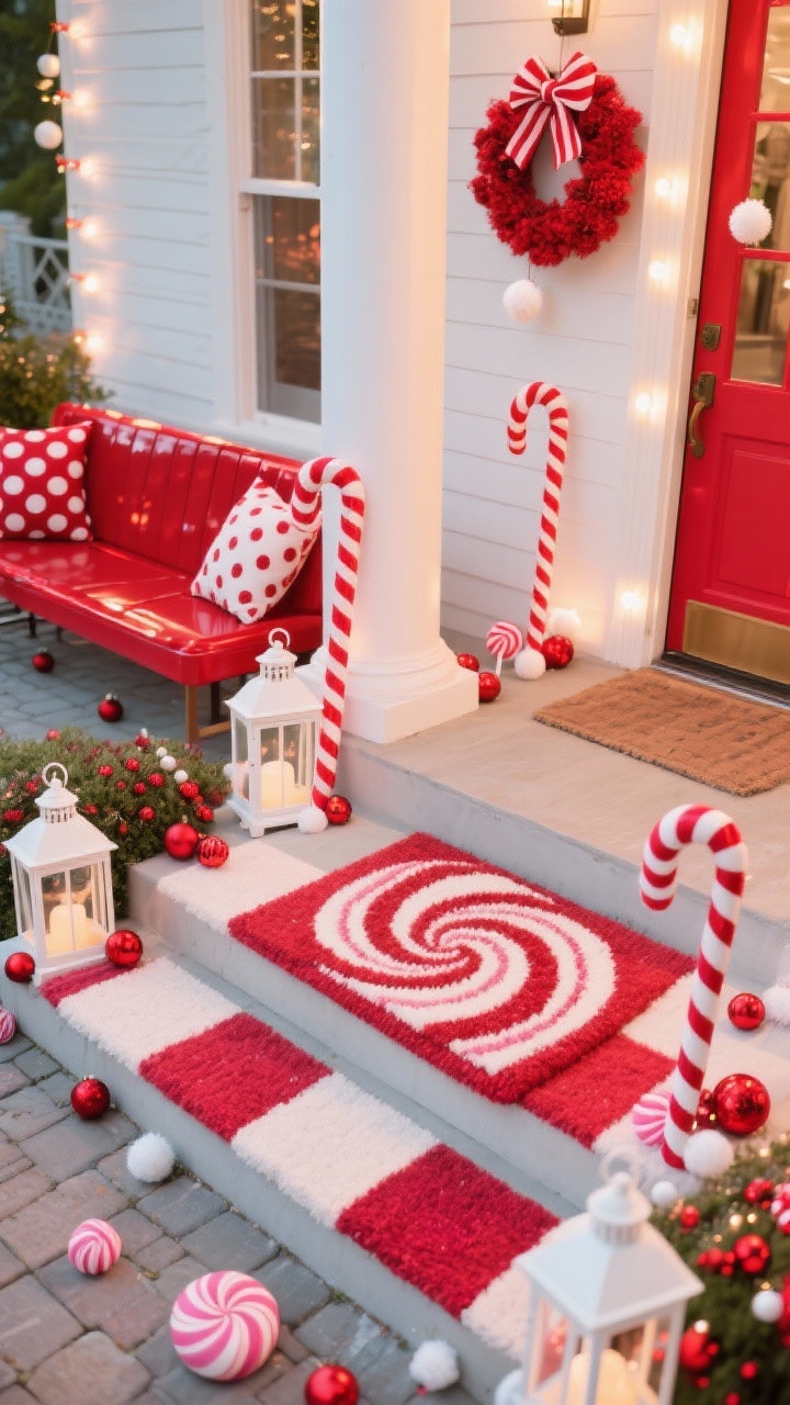 Photorealistic overhead/angled detail shot of “Candy Cane Lane Showstopper” steps: checkerboard outdoor rug with a peppermint-swirled doormat centered; spiraled red-and-white ribbon wrapping a column edge; tall candy cane stakes lining the steps; oversized peppermint lollipops scattered; white lanterns filled with red ornaments; glimpse of a glossy red bench with polka-dot pillows and a red felt wreath with white pom-poms and striped bow tails in background. Palette: bright red, pure white, touch of pink. Lighting: chasing lights set to candy-cane red and warm white, captured mid-glow.