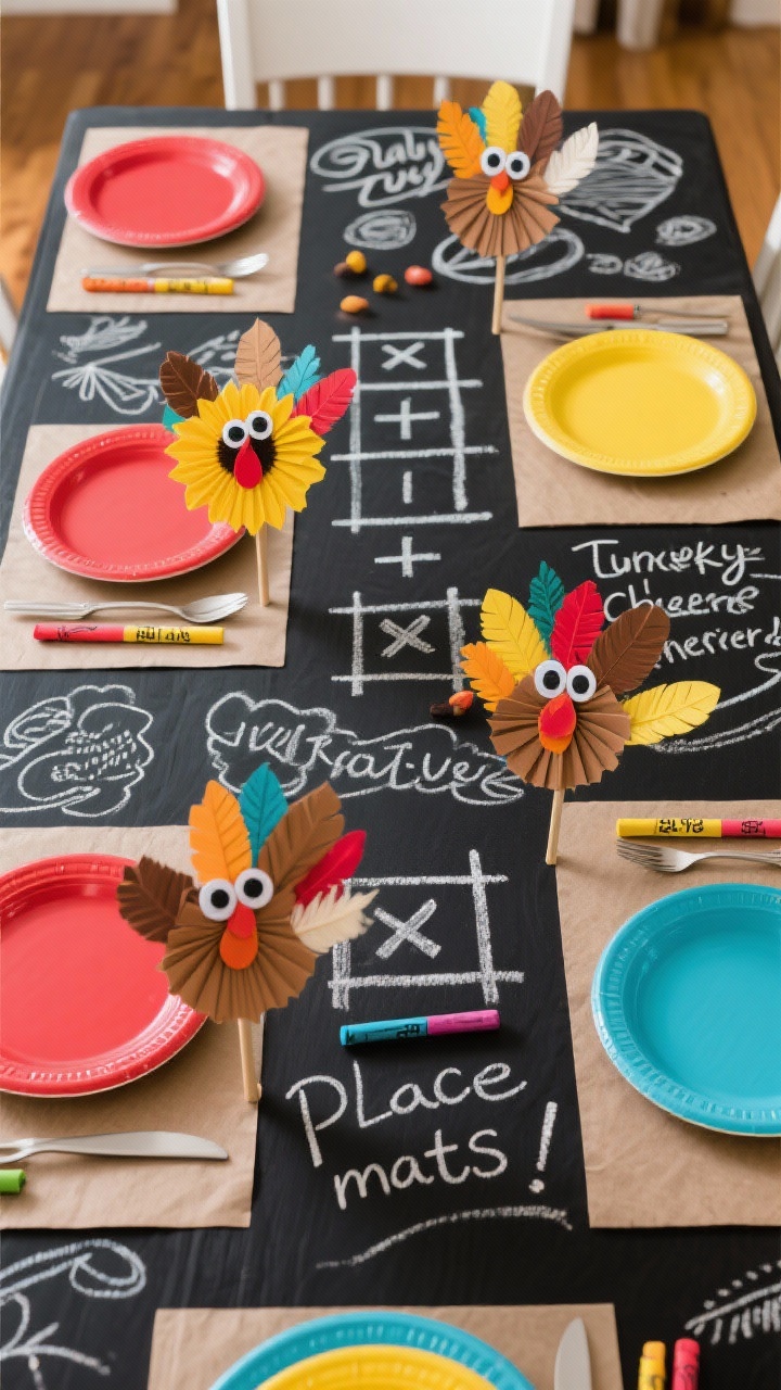 Photorealistic overhead detail shot of Playful Turkeys & Chalkboard Cheer: chalkboard tablecloth with hand-drawn place settings, doodles, and tic-tac-toe; bright melamine plates anchoring each spot; DIY turkey centerpieces made from paper fans, googly eyes, and feathers strutting down the center; colored chalk sticks at every seat; chalk “place mats” labeled with names and a gratitude prompt; colors black, sunflower yellow, cherry red, cobalt; lively, playful feel with crisp lighting.