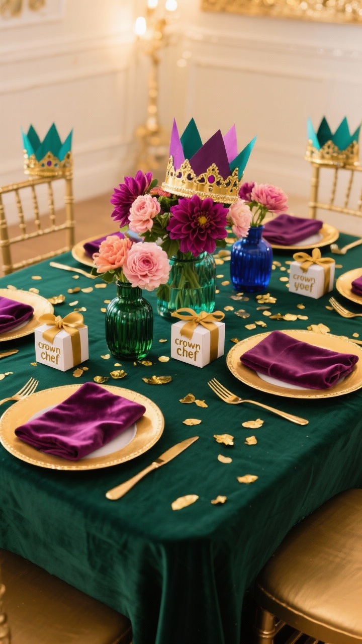 Photorealistic straight-on medium shot of a Glam Gold & Jewel-Tone Feast kids’ table: deep emerald tablecloth, plum satin napkins; gold-rimmed plates with kid-safe gold-finish flatware; low jewel-toned bud vases (emerald, plum, navy) filled with dahlias and ranunculus grouped at center; gold leaf confetti sprinkled across; tiny lidded favor boxes at each setting tied with velvet ribbon; “crown your chef” paper crowns in matching jewel tones at each seat; luxe mood with soft, warm ambient lighting and gentle highlights on gold accents.
