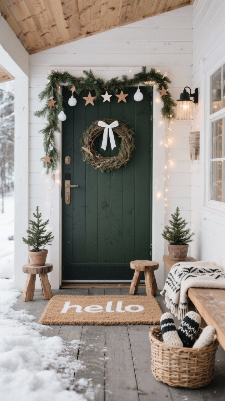 Photorealistic wide, minimalist “Snowy Scandinavian Lodge” porch: natural jute rug with a simple white “hello” script doormat; doorway dressed in cedar and juniper garland with tiny wooden stars and white felt ornaments; two raw wood stools flank the door holding potted dwarf spruces; bench with a wool blanket in Nordic patterns; basket of knit mittens for guests; simple rattan wreath with a white ribbon on the door; soft fairy lights, minimal and warm. Palette: natural wood, soft white, deep green, charcoal. Calm, cozy, matte textures.