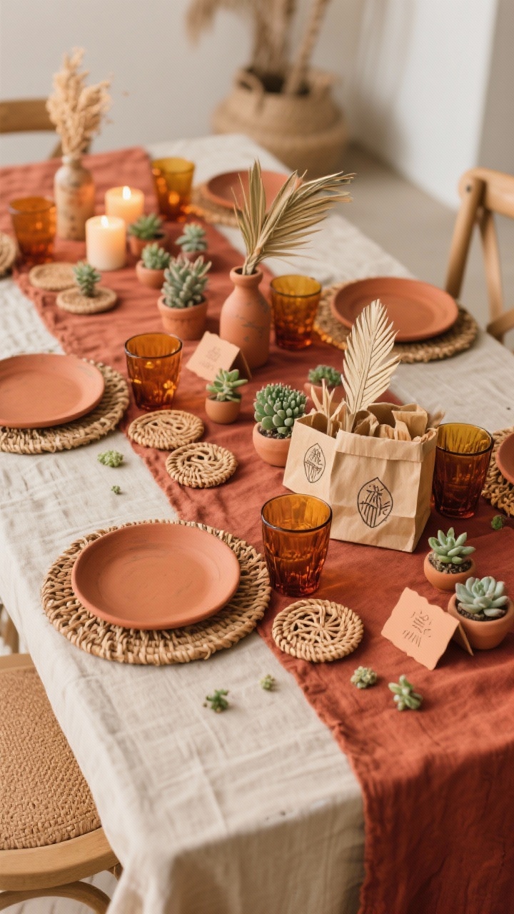 Photorealistic wide shot of a Boho Desert Harvest kids’ table: rust-colored runner over a neutral table; rattan chargers under terracotta plates; macramé coasters, amber glass cups; bud vases with dried palm fronds; hand-painted terracotta place cards and scattered tiny succulents; mini succulent favors in stamped paper bags clustered at one end; colors terracotta, rust, sand, sage; warm candlelit glow enhancing earthy textures.