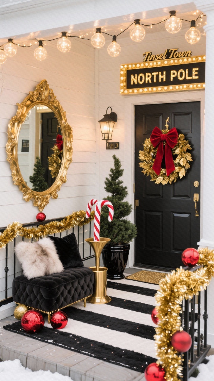 Photorealistic wide, straight-on glam porch scene “Tinsel Town North Pole Glam”: railings wrapped in thick tinsel garland; oversized mirrored gold and ruby ornaments; black-and-white striped rug grounding a glitzy “NORTH POLE” marquee sign; chic brass umbrella stand holding candy cane sticks; pair of velvet topiary trees in glossy black planters; door with a gold leaf wreath and red velvet bow; tufted outdoor ottoman with faux fur pillows; canopy of warm globe string lights. Palette: gold, black, ruby red, winter white. High-contrast, glossy finishes.