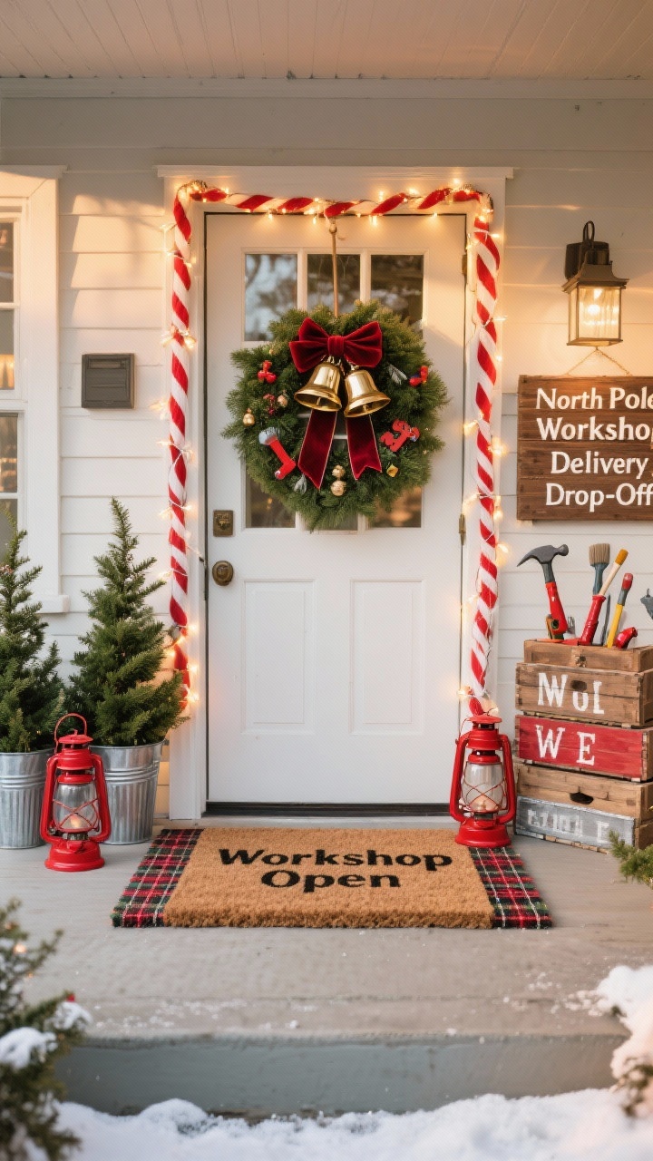 Photorealistic wide, straight-on view of a front porch styled as “Classic Santa’s Workshop Welcome”: buffalo plaid rug layered under a thick coir doormat reading “Workshop Open”; door framed with red-and-white striped garland woven with warm string lights; oversized jingle bells tied with velvet ribbon; two vintage red lanterns beside mini evergreen trees in galvanized buckets; a wooden sign reading “North Pole Delivery Drop-Off”; stack of faux toy crates with stenciled letters; door hung with a fir wreath layered with tiny toy tools (hammer, paintbrushes). Palette: cherry red, pine green, crisp white, galvanized silver. Textures: velvet ribbons, rough wood, metal, natural greenery. Golden-hour warm glow.