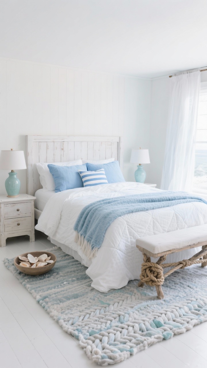 Wide coastal bedroom, Snowy Coastal Calm: Airy scene with a whitewashed wood bed dressed in a cloud-white duvet and powder-blue quilt, sky-blue linen shams, a striped blue-and-white lumbar pillow, and an icy-blue lightweight wool throw. Rope-detailed bench at the foot, ceramic lamps in sea-glass tones on light nightstands. Gauzy curtains catch winter light. Braided wool rug in soft gray-blue. Accents include a bowl of shells and a nautical rope knot. Palette: white, ice blue, sea-glass, driftwood. Bright, serene, photorealistic.