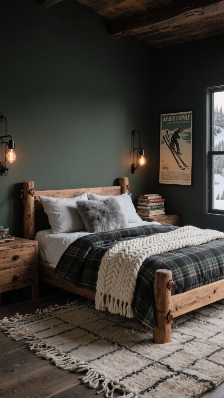 Wide room shot, Alpine Lodge Layers: A moody winter bedroom with a solid walnut bed with chunky posts dressed in a thick charcoal plaid flannel duvet, a cream cable-knit throw draped at the foot, euro shams in heathered gray wool, and square faux fur pillows. Palette of charcoal, pine green, walnut, and off-white. Hand-knotted rug in muted taupe underfoot. Blackened metal sconces with warm Edison bulbs flank the bed. Rustic wood nightstands with leather pull tabs hold a vintage ski poster leaning on the wall and a stack of old travel books. Soft evening light, photorealistic, no people, cozy après-ski vibe.