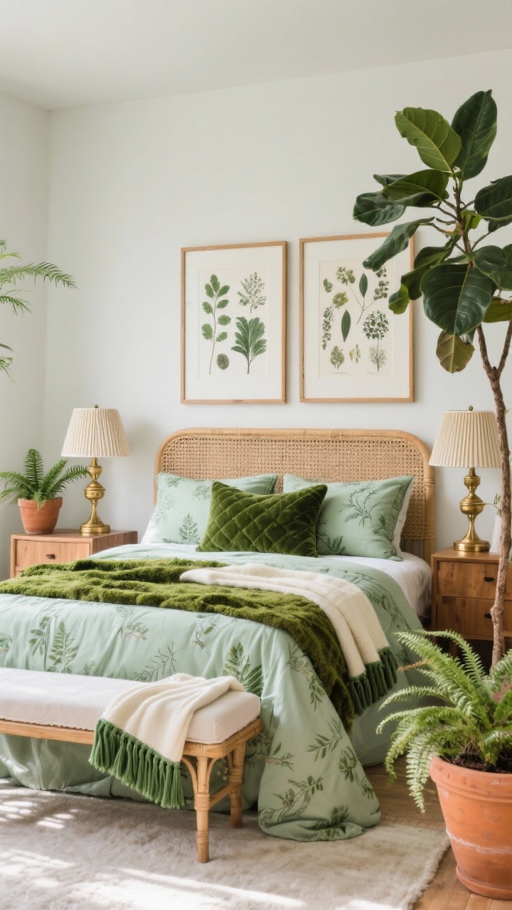 Wide shot, Winter Botanical Garden: A nature-forward bedroom featuring a cane headboard and rattan bench at the foot of the bed. The bed is dressed in a sage sateen duvet with a delicate botanical pattern, moss velvet shams, a forest green quilt folded mid-bed, and a cream throw with green tassels. Terracotta planters hold ferns and a rubber tree. Brass table lamps with pleated shades on wood nightstands. Herbarium-style botanical prints in slim wood frames above. Palette: sage, forest, moss, cream, terracotta. Fresh daylight, photorealistic.