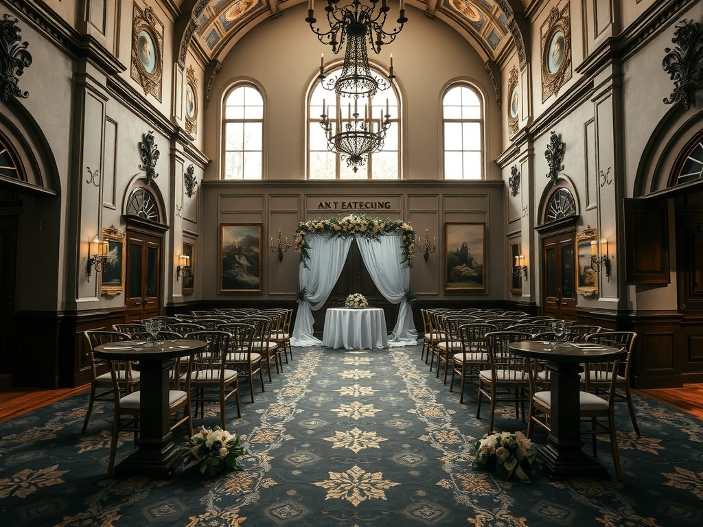 A beautifully decorated historic wedding venue with high ceilings, elegant chandeliers, and floral arrangements.