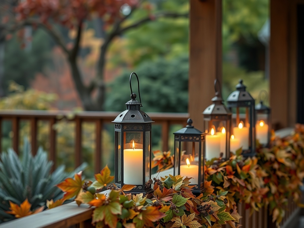 Rustic lanterns with candles on a porch decorated with autumn leaves