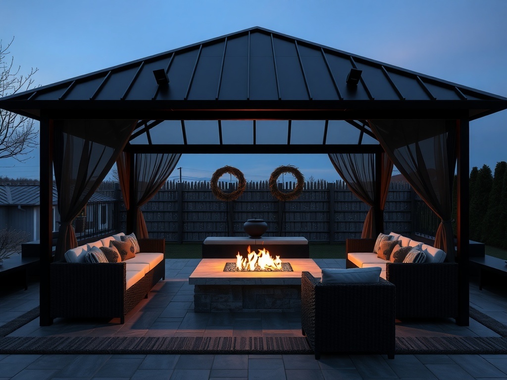 Modern two-level backyard gazebo with fire pit and lounge seating in black and white design