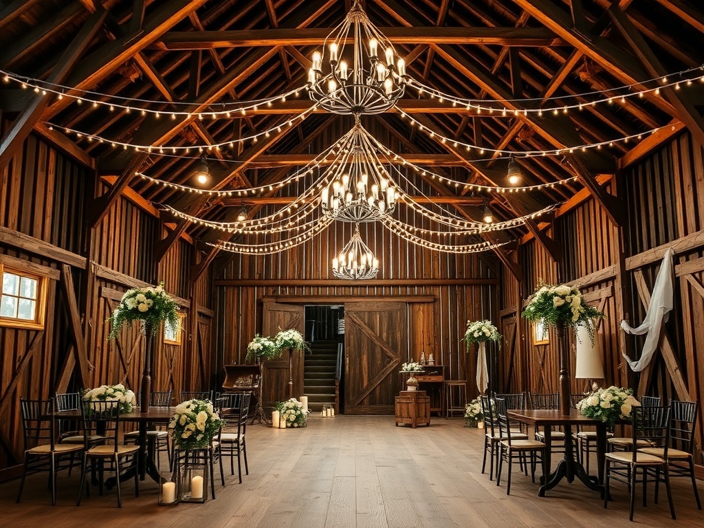 Interior of a rustic barn decorated for a wedding with chandeliers and floral arrangements.