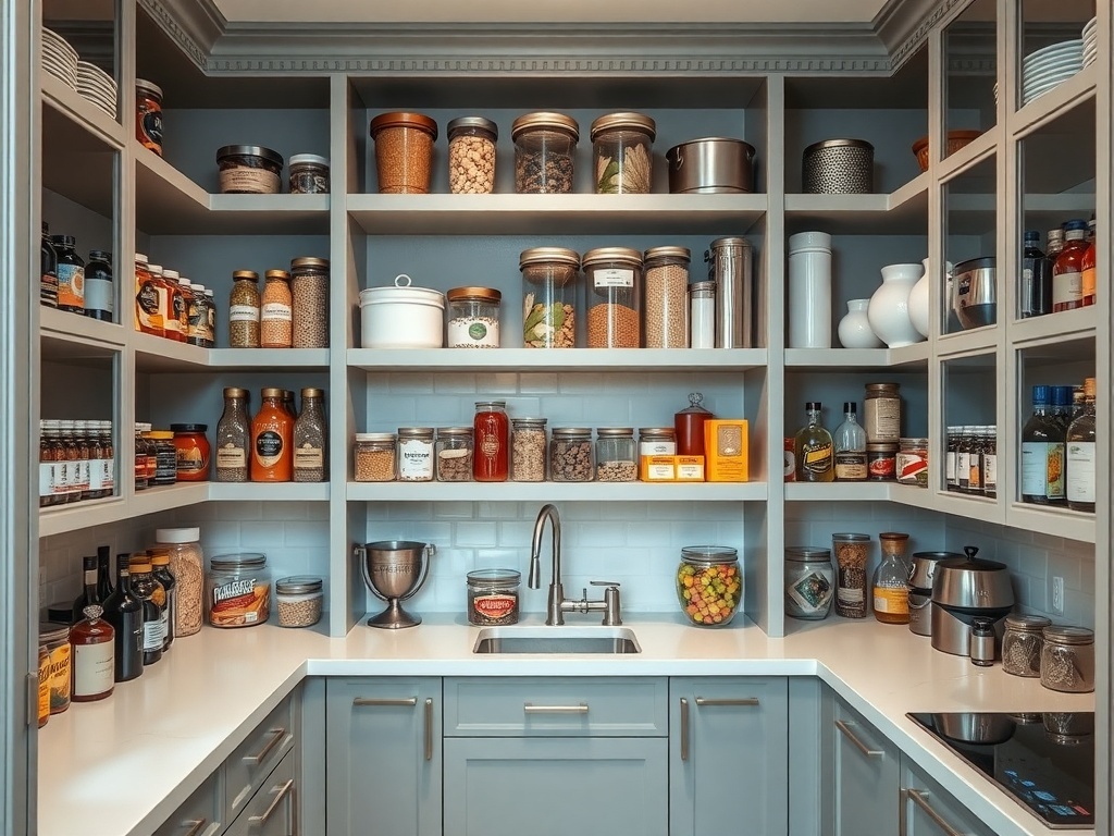 A modern pantry with organized shelves containing various jars and containers.