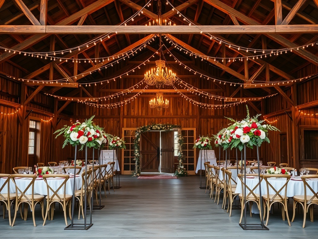 Interior of a rustic barn wedding venue with wooden beams, string lights, and floral arrangements