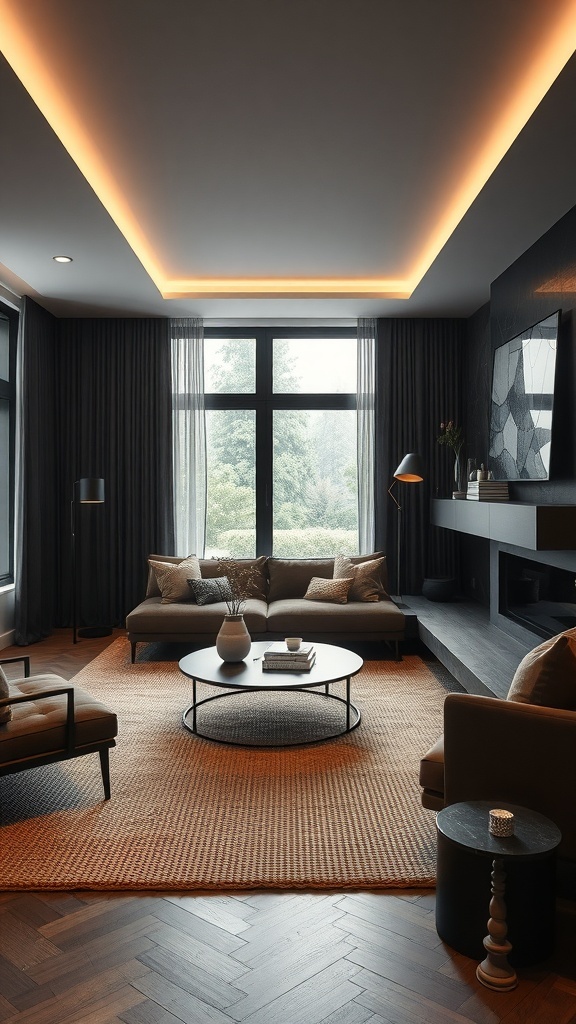 A modern living room featuring a round natural fiber rug, wooden furniture, and bright decor.