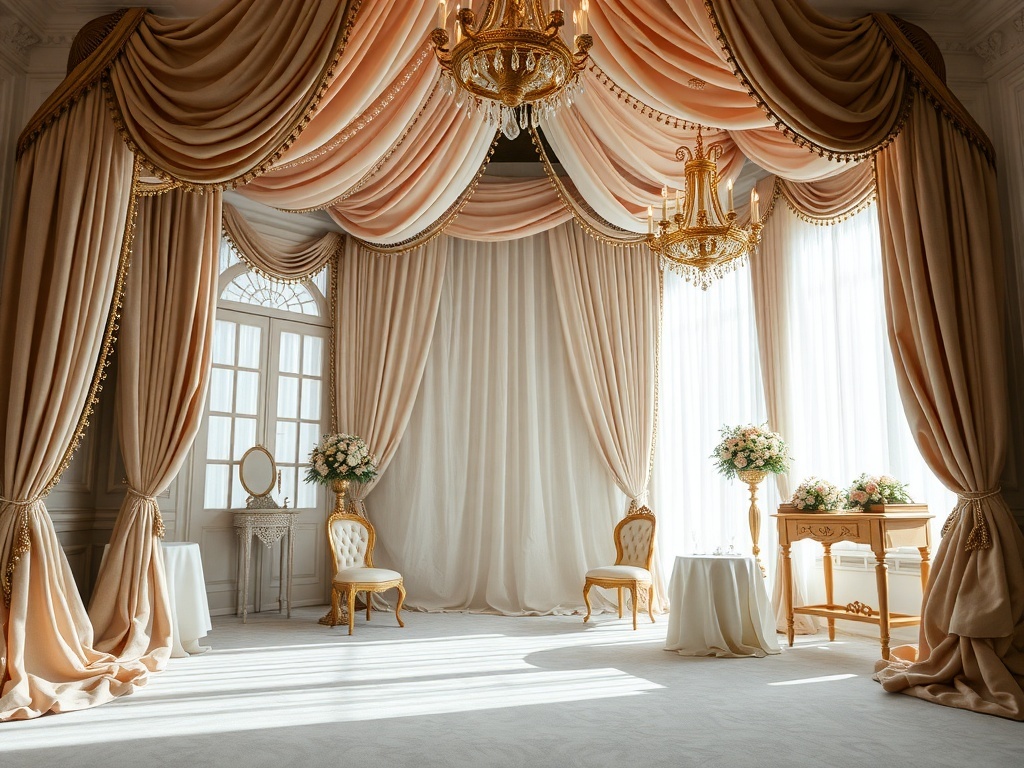 Elegant wedding decor featuring romantic drapery and fabrics in soft pastel colors