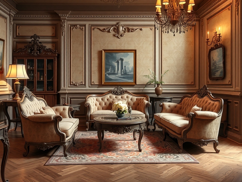 A vintage-inspired seating area with ornate furniture, a chandelier, and elegant decor, fitting for a Rococo wedding theme.