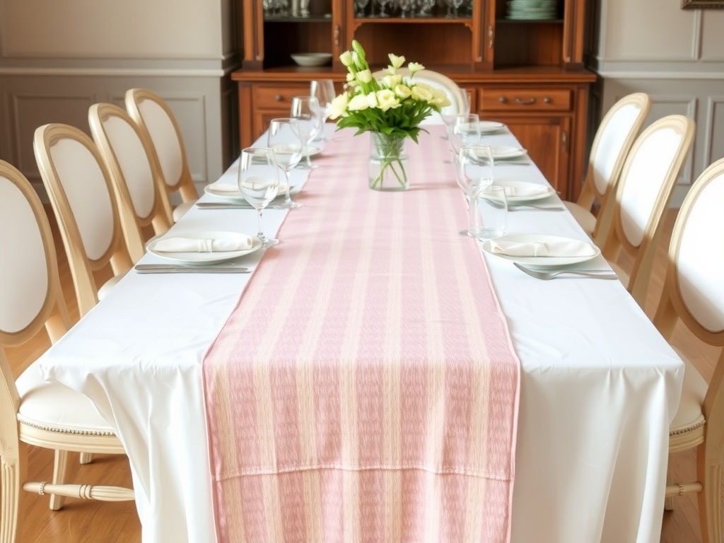 A beautifully set table with a pastel pink table runner, white plates, and a floral centerpiece.