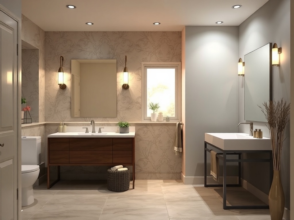 A modern bathroom with customizable lighting options, featuring a round mirror and sleek fixtures.