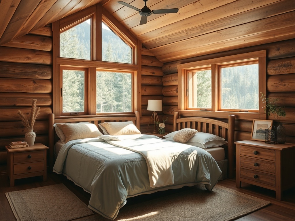 Cozy cabin bedroom with wooden walls, large windows, and light blue bedding