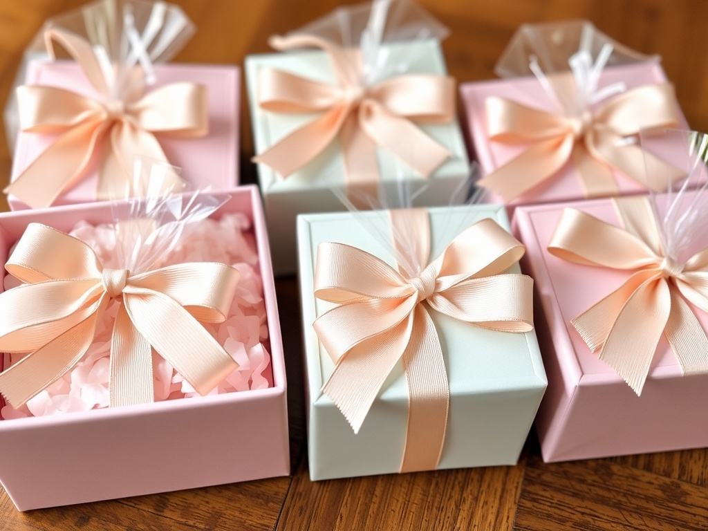Rose gold and pastel themed party favor boxes with ribbons