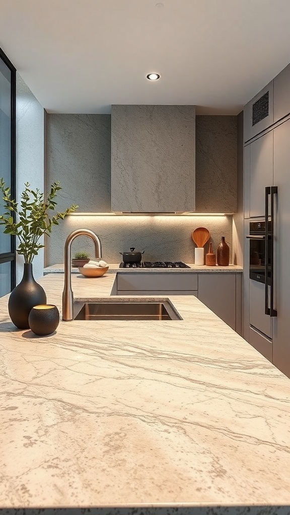 A modern kitchen featuring rugged stone surfaces on the countertop, complemented by wooden cabinets and sleek appliances.