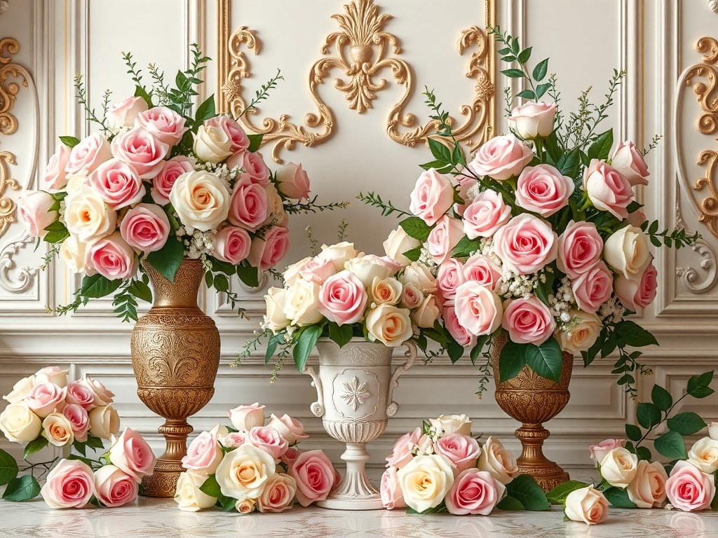 Lavish floral arrangements featuring pink and white roses in ornate vases, set against an elegant backdrop.